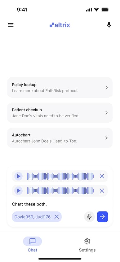 Charting patient information screen