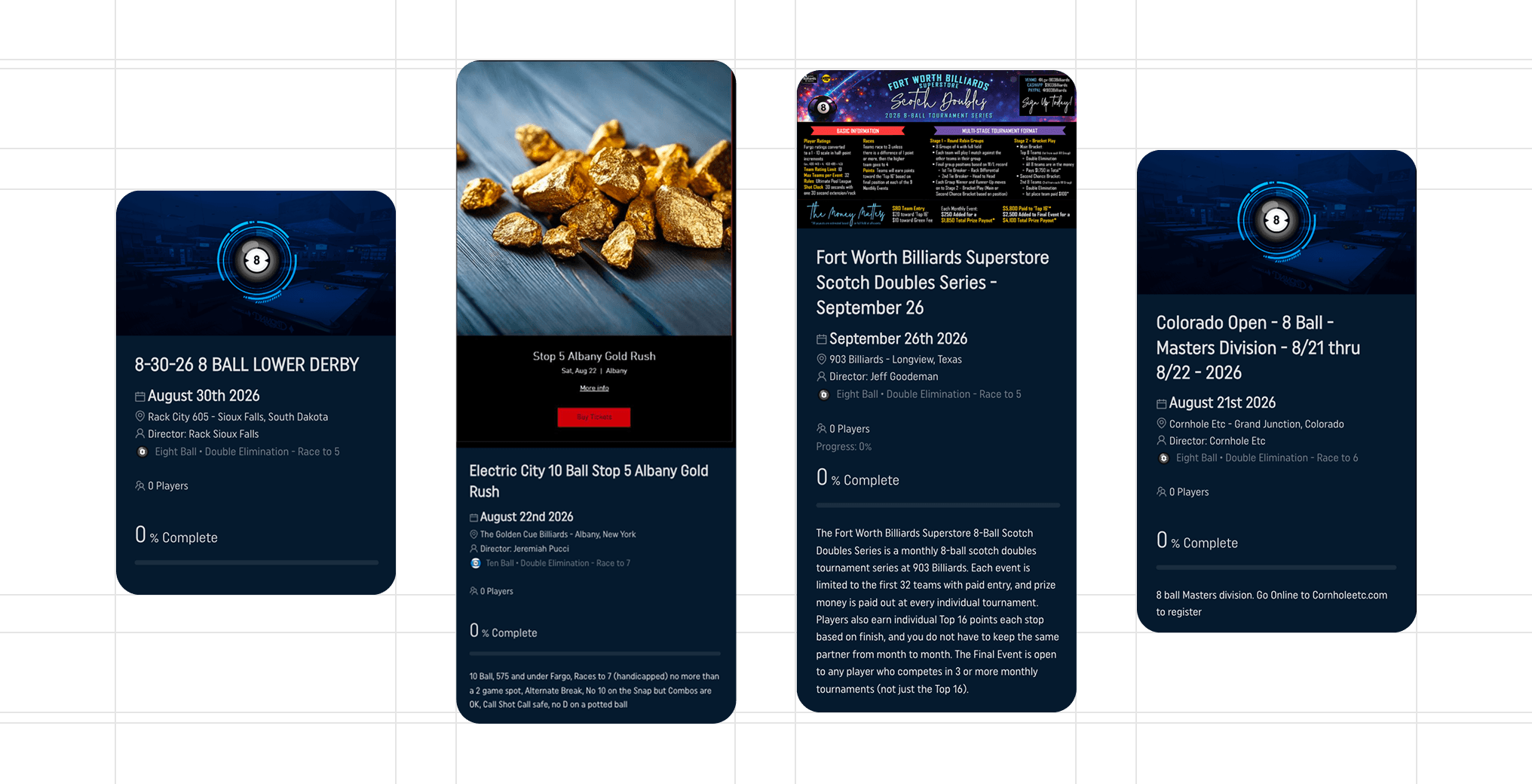 Three previous tournament cards in different sizes