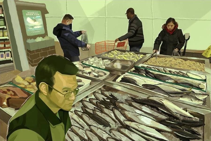 My drawing of shoppers at an Asian market's fish counter